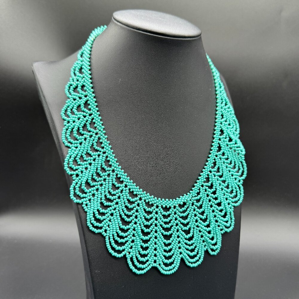 Statement Bib Necklace Seed Beads Blue Aqua Lace Design